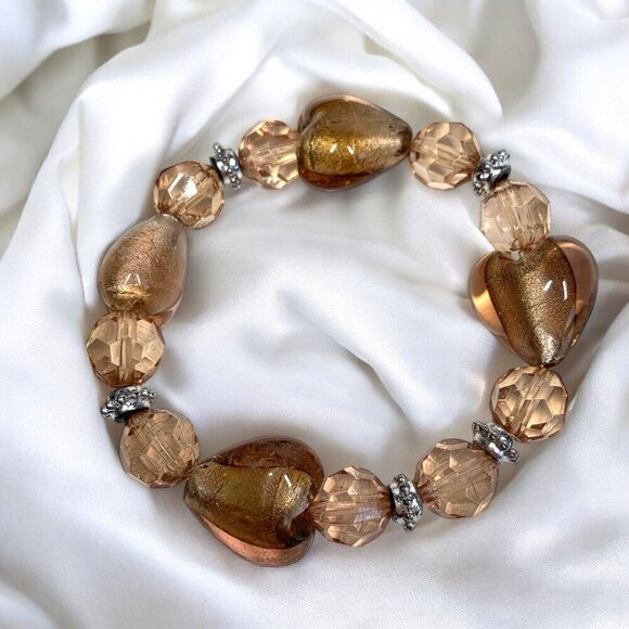 Dichroic Art Glass Bracelet Heart Motif Pale Amber Brown Silver Stretch To Fit - Picture 4 of 4